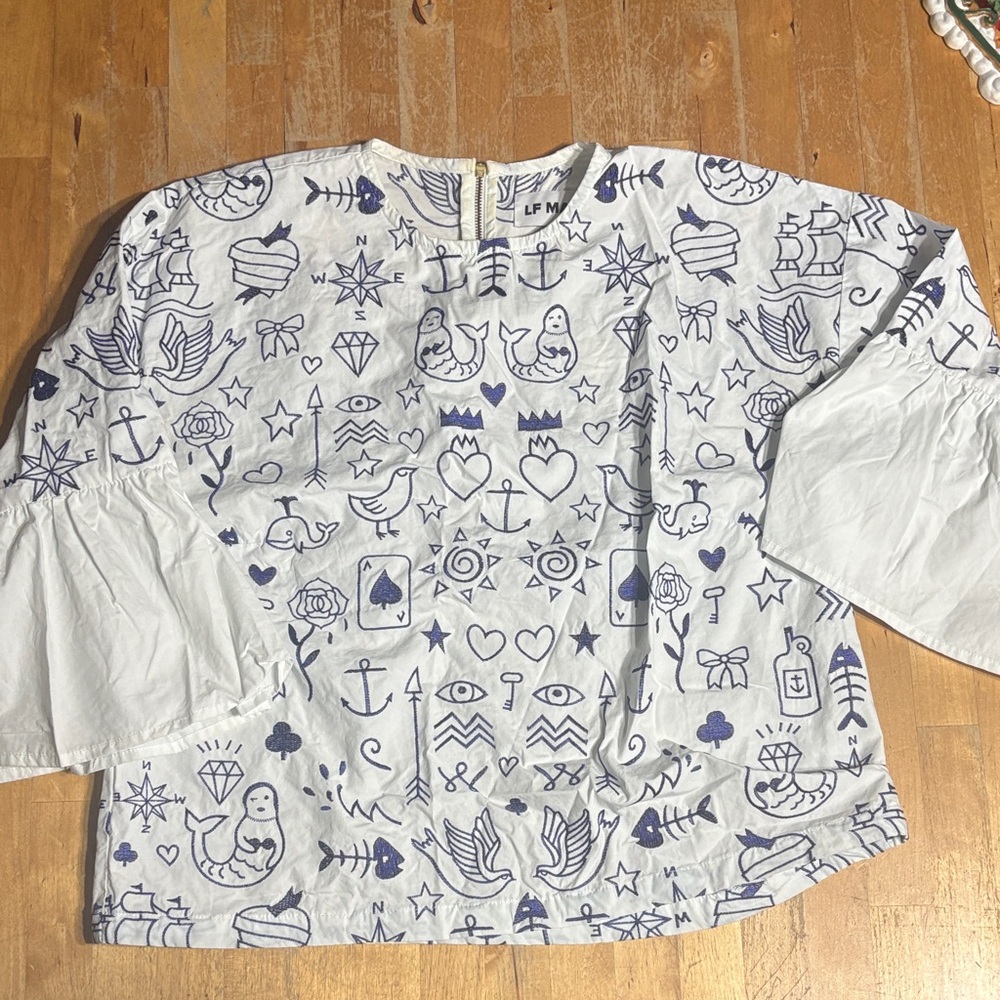 LF Markey White and Blue Patterned Linen Shirt